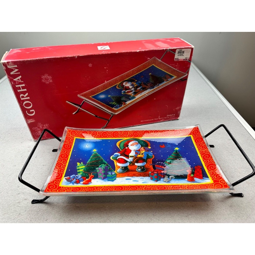 NOS-Gorham Fused‎ Glass Santa Rectangular Tray with Metal Rack With Box